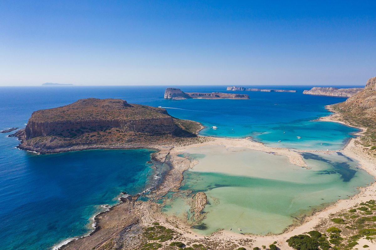View over the turquoise Balos lagoon and white sandbar in Crete