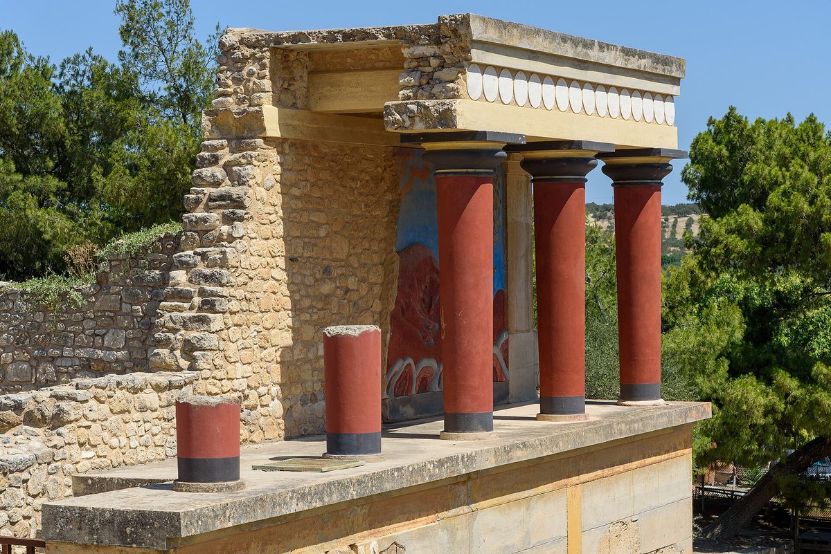 Red Minoan columns at the north entrance of the Palace of Knossos, Crete